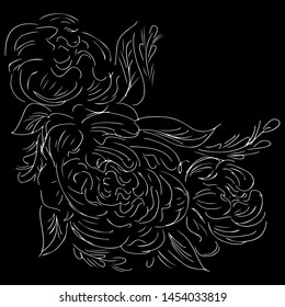 Realistic peonies outline hand for decorative design. Peonies outline hand in engraved style on black background. Isolated vector illustration. Realistic vector illustration. Floral ink pen sketch.