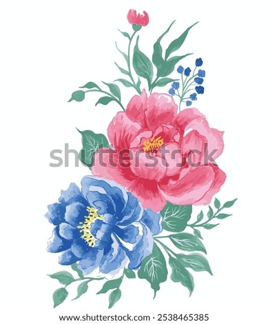 realistic peony flower bunch isolated on white background. set of open peony flowers with tropical leaves in watercolor paint. design for wallpaper, invitation card, wedding card, fabric.