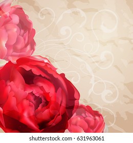 Realistic peony rose background with copyspace. Old paper texture. Great for a border or background for scrapbooking, invitation, card template