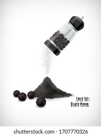 Realistic pepper grinder with whole and ground black peppercorns. Kitchen utensil.  Lettering Spice Set, Black Pepper. Vector illustration.