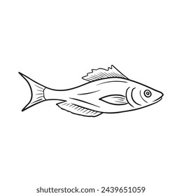 Realistic perch fish in black isolated on white background. Hand drawn vector sketch illustration in doodle engraved vintage style. Concept of fish, seafood, caviar, restaurant menu, sticker, icon