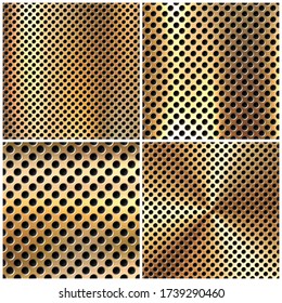 Realistic perforated brushed metal textures set. Polished stainless steel background. Vector illustration.