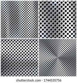 Realistic perforated brushed metal textures set. Polished stainless steel background. Vector illustration.