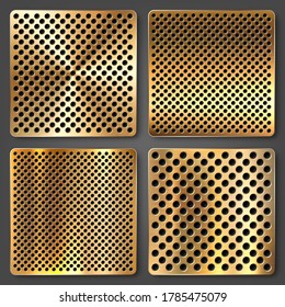 Realistic perforated brushed metal textures set. Polished stainless steel background. Vector illustration.