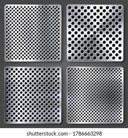 Realistic perforated brushed metal textures set. Polished stainless steel background. Vector illustration.
