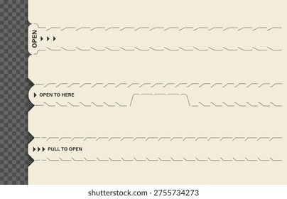 Realistic perforated tear strip line border and cut marks. Open to here and pull to open labels with dashed borders. Vector design features a dotted border as opening guidance. Design for packaging