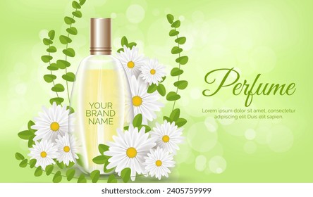 Realistic perfume ad with flowers vector design in eps 10