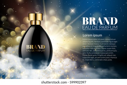 Realistic Perfume Black Bottles on Shine Gold Blue Blurred Bokeh Background. Luxury Beautiful Smoke and Smell. Cosmetics Advertising, Gentle. Package Design Promotion Product. 3D Vector Illustration.