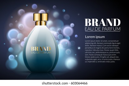 Realistic Perfume Blue Color Bottles on Shine Blue Background. Luxury Beautiful Smell. Excellent Cosmetics Advertising, Gentle. Package Design Sale or Promotion New Product. 3D Vector Illustration.