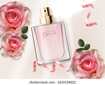 Realistic perfume bottle and rose, isolated container 3d, elegant design, packaging mockup, floral liquid aroma, pink banner, new product vector illustration