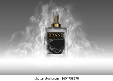 Realistic perfume bottle with smoke template