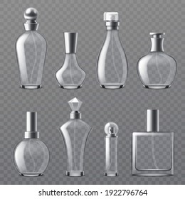 Realistic perfume bottle. Transparent empty bottles various shapes, glass containers with dispenser spray, cosmetic blank glamour packaging collection. Vector isolated on transparent background set
