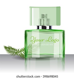 Realistic Perfume Bottle to Use in Beauty, cosmetics, fashion Infographics and Drawings or catalogue. Transparent bottle with leaf Illustrated vector