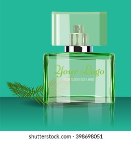 Realistic Perfume Bottle to Use in Beauty, cosmetics, fashion Infographics and Drawings or catalogue. Transparent bottle with leaf Illustrated vector