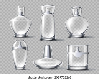 Realistic perfume bottles. Fashion packaging fragrances, 3d empty glass spraying vials with transparent and metal cap different forms, cosmetic mockup, vector isolated