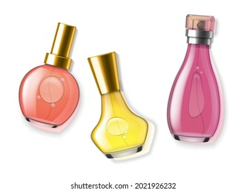Botellas de perfume realistas. Máscaras con aromas, botellas de vidrio diferentes formas con colorido líquido amarillo y rosa. Fragancias con spray, hembra cosmética 3d vector de mockup aislado conjunto