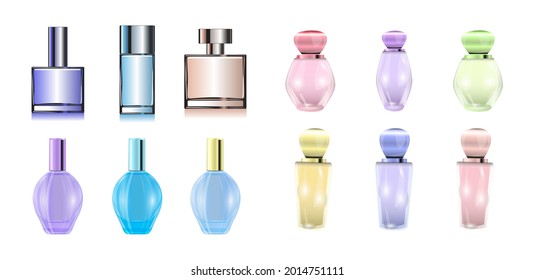 Realistic perfume bottles set on white background