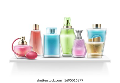 Realistic perfume bottles. Spray glass bottle, cosmetic pack. Isolated fragrance bottle on shelf for store vector illustration svg