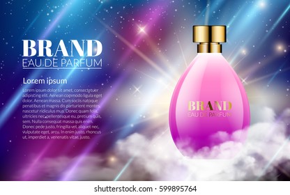 Realistic Perfume Pink Bottles Shine Blue Background. Luxury Beautiful Smoke and Smell. Excellent Cosmetics Advertising, Gentle. Package Design Sale or Promotion New Product. 3D Vector Illustration.