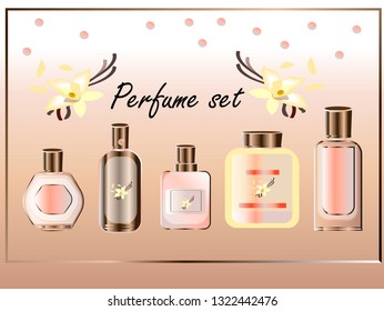 Realistic perfume and scented toilet water bottles vector set