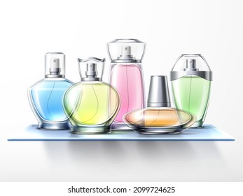 Realistic perfume shelf. 3D bottles with toilet water. Fragrance cosmetics spraying vials. Body colognes composition. Aromatic beauty products. Blank flasks for branding