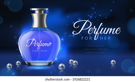 Realistic perfume. Women fragrance toilet water advertisement, luxurious cosmetics bottle ad poster template, glass 3d phial, cosmetic blank glamour promotional banner dark colors. Vector concept