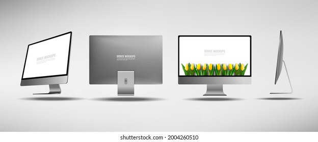 Realistic personal computer from different angles. 3D projection PC. Presentation of a new generation computer. Powerful candy bar. New generation montor. Illustration