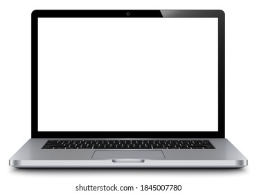 Realistic perspective front laptop with keyboard isolated incline 90 degree. Computer notebook with empty screen template. Front view of mobile computer with keypad backdrop. Digital equipment cutout