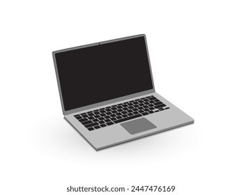 Realistic perspective front laptop with keyboard isolated incline 45 degree. Computer notebook with black screen template. Front view of mobile computer on white background. Digital equipment cutout.