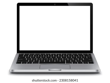 Realistic perspective front of open laptop mockup with keyboard isolated on white background. Computer notebook template. Blank mock modern computer with keypad backdrop. Digital desktop equipment