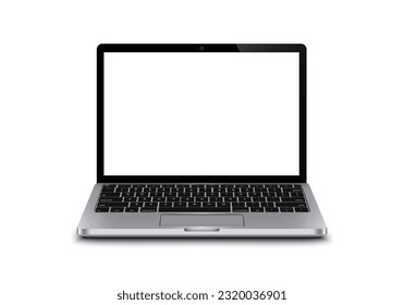 Realistische Perspektive Front Open Laptop-Modell mit Tastatur einzeln auf dem Hintergrund Steigung 90 Grad. Computernotebook mit Bildschirmvorlage. Leere Maus auf einem modernen mobilen Computer mit Tastatur-Hintergrund