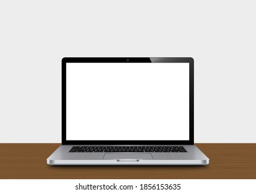 Realistic Perspective Laptop Isolated On Oak Wooden Table With Blank Background Incline 90 Degree. Computer Notebook With Empty Screen. Copy Space On Mobile Device. Digital Equipment On Office Desk