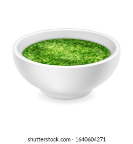 Realistic pesto sauce in a round bowl isolated on a white background. Green condiment in 3d style. Side view, realism. Vector design illustration