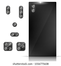 Realistic phone back view with Lens Cameras set. Smartphone Lens Camera. Black and Silver colors on Smartphone or other gadgets. Vector Illustration