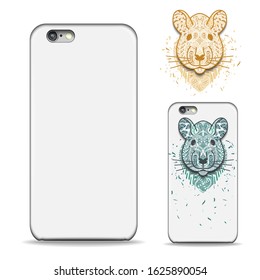 Realistic Phone case. Blank mockup for template. Sample design patterned head of the rat. Imitation 3D. Vector illustration