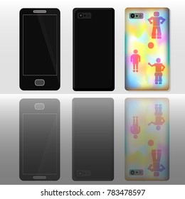 Realistic phone and case. Multicolor cover. Mobile phone icon. Different gradients.
Illustration can be used in the internet advertisements,
banners, websites.