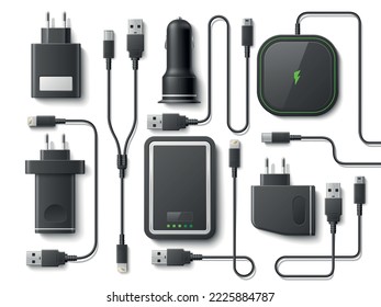 Realistic phone charger. Cables with different types sockets, wireless battery, gadgets power supply units, various ports, USB cable, cords and electric plugs, 3d isolated utter vector set