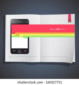 Realistic Phone with colorful select button printed on book. Vector design. 