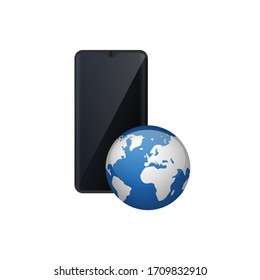 realistic phone and glossy earth. Conceptual vector illustration in flat style design.Isolated on background.