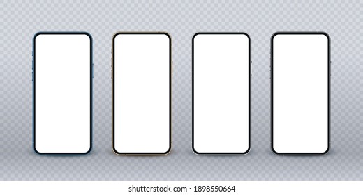 Realistic phone mockup, blue, gold, silver and black mobile isolate concept with blank screens. High detailed 3d vector smartphone in front view ready to show your app design.