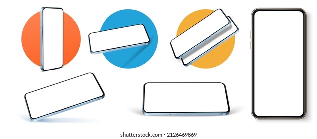 Realistic phone mockup. Cellphone with blank white screen mobile phone in different angles of view on isolated background. Template for infographics or presentation UI, UX design interface. Vector