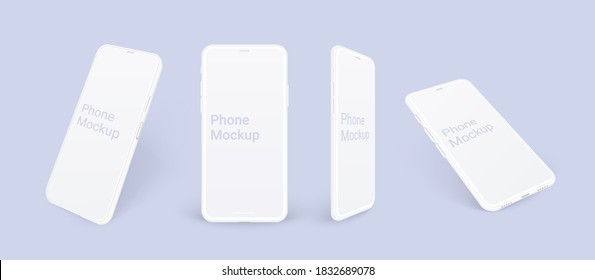 Realistic phone mockup, clay mobile set concept with shadow isolated. White smartphones in different angles view with blank screen, 3d vector illustration mocku up for app design presentation.