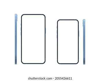 Realistic phone mockup front and side view isolated on white background. 3d blue mobile device with blank screen, 2 size glass smartphone concept for show app and web design. Vector illustration.