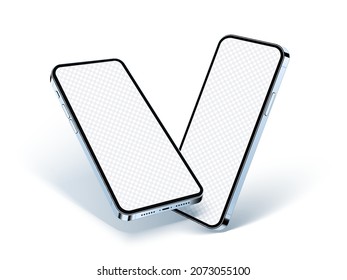 Parodia de teléfono realista, concepto de celulares azul de vidrio con pantalla transparente y sombra aislada en blanco. Ángulo lateral 3d ver el smartphone para mostrar la aplicación y la presentación de maqueta, ilustración vectorial.