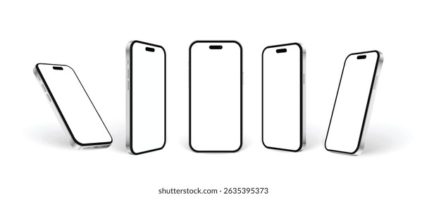 Realistic phone mockup isolated on white. 3D smartphone set in different angles, front and side view, silver mobile phone with shadow, realistic vector illustration 3d device mockup.