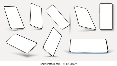 Realistic phone mockup. The layout of a smartphone with a white screen isolated on a white background. The device is viewed from different angles . Vector illustration