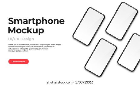 Realistic phone mockup. Set of modern phones with blank white displays. Smartphone design mockup in front view. Presentation and landing page template. Vector