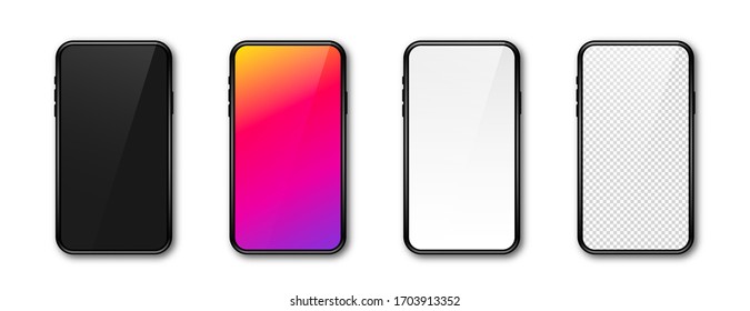 Realistic phone mockup. Set of modern phones with blank, colorful, black and transparent display. Smartphone design mockup in front view. Presentation and infographic templates. Vector