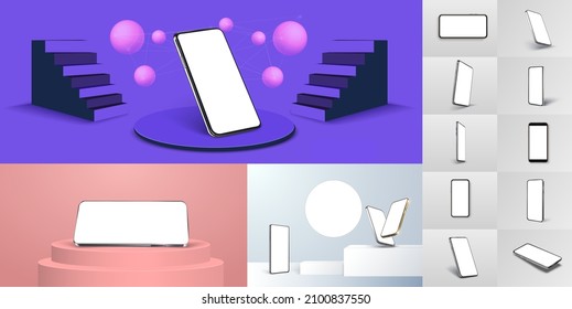Realistic phone mockup. Smartphone blank screen, phone mockup. Blank smartphone screen on round podium with cube stages. Podium in abstract blue, purple, pink composition. Vector illustration