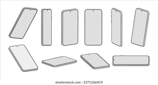 Realistic phone mockup. Smartphone blank screen. White smartphones in different angles view with blank screen, 3d vector illustration mock up for app design presentation.